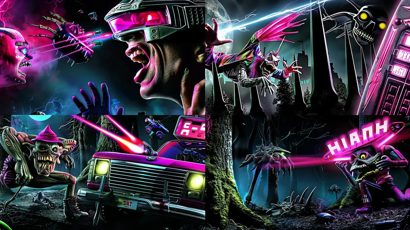 Dynamic and vivid retro-futuristic style infused with horror elements - Midjourney sref style