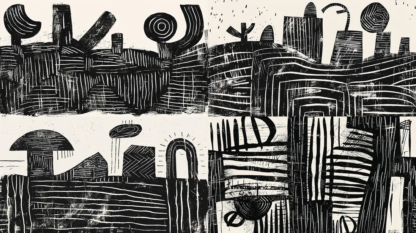 Abstract black and white landscape with organic shapes and textures - Midjourney sref style