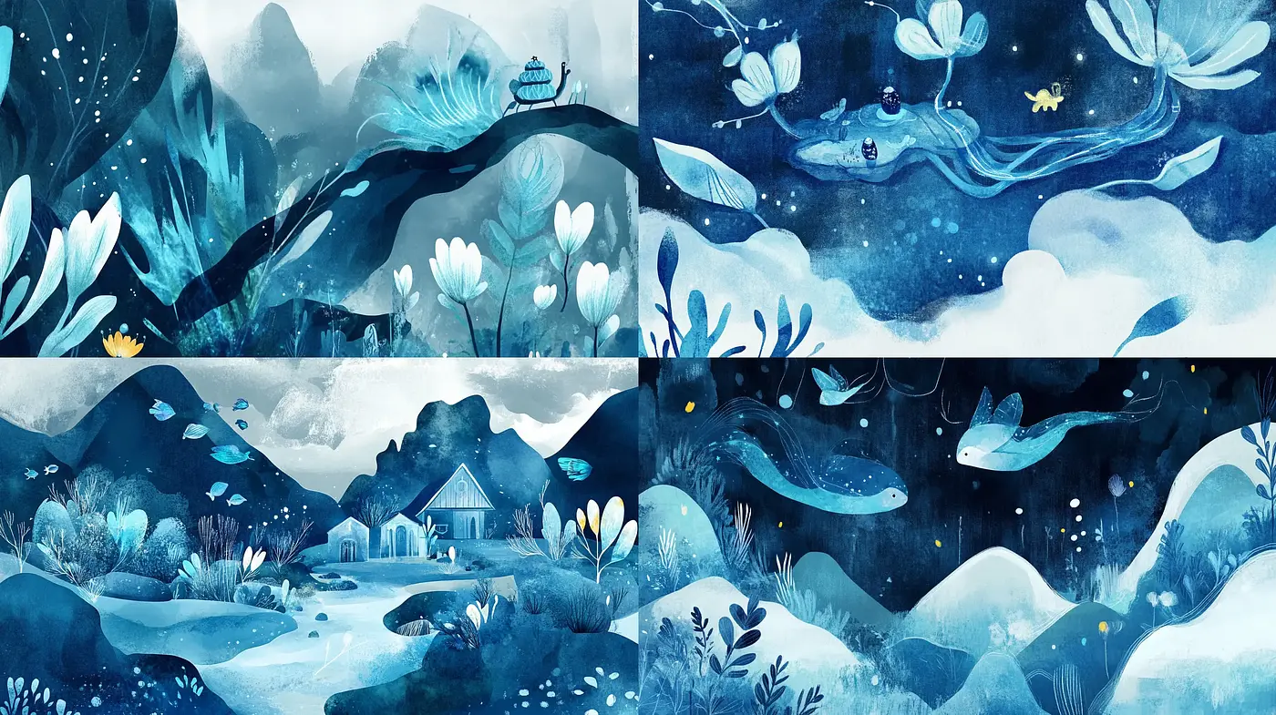 Whimsical Blues of Stylized Landscapes: A Consistent Digital Paint Brushwork - Midjourney sref style