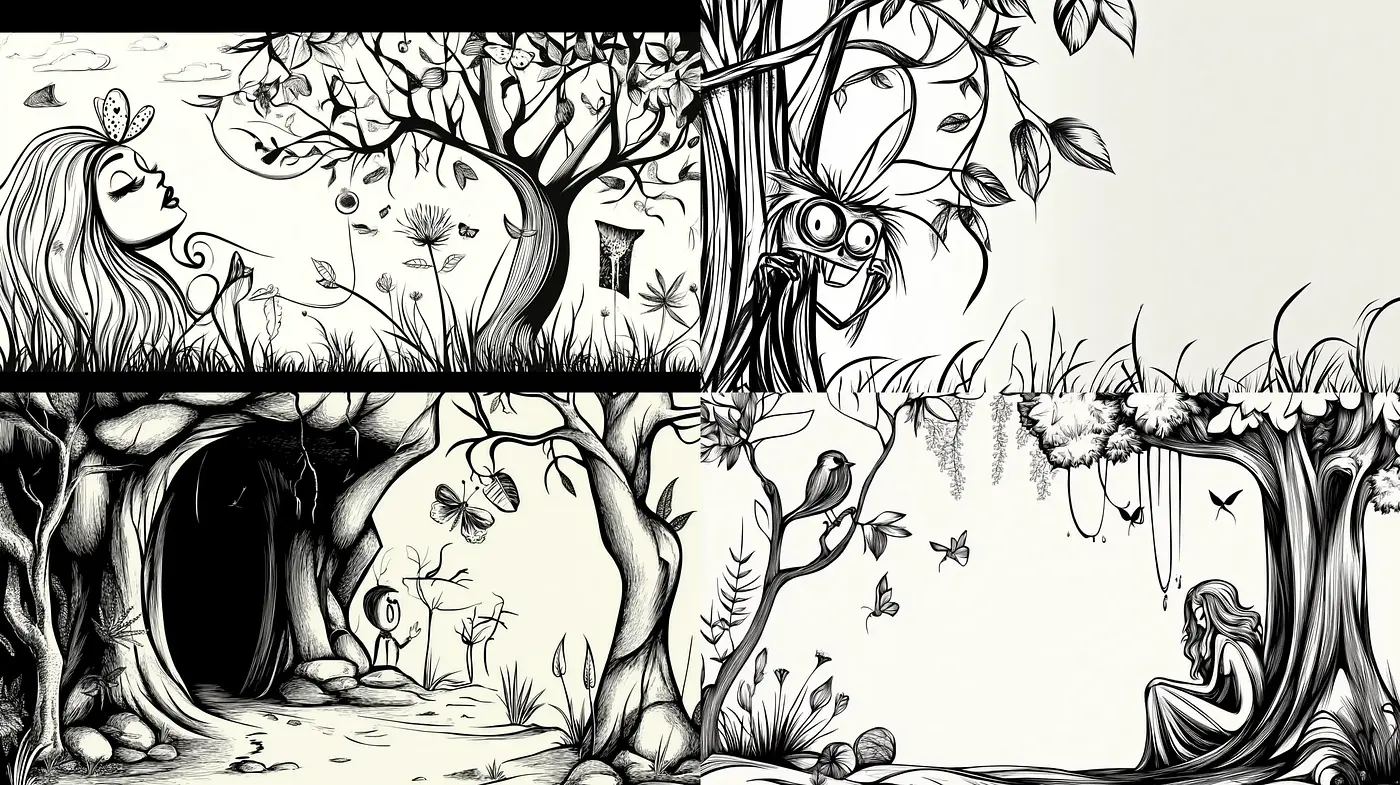 Whimsical Monochromatic Enchantment: A Journey Through Stylized Nature - Midjourney sref style