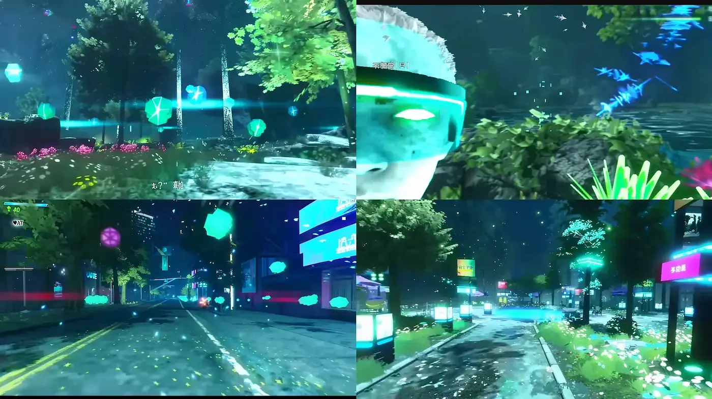 Futuristic Urban Landscape with Neon Elements and Lush Flora - Midjourney sref style