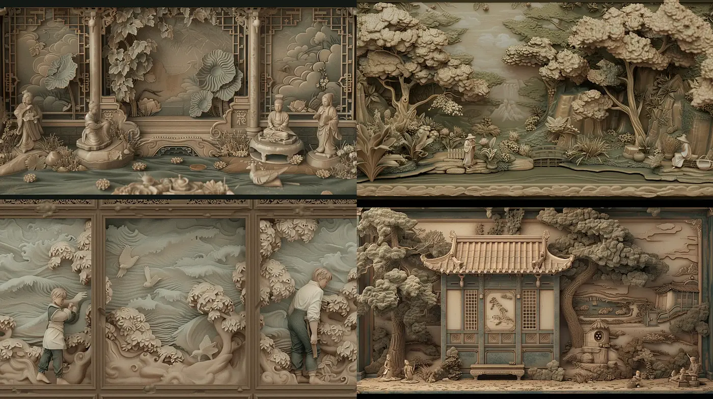 Monochromatic Sepia-Toned Bas-Relief Inspired Digital Artistry - Midjourney sref style
