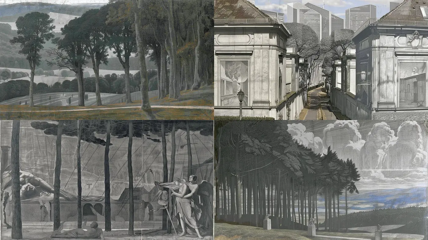 Timeless Elegance of Monochrome Dreamscape: A Fusion of Neo-Classical Forms within a Mystical Landscape - Midjourney sref style