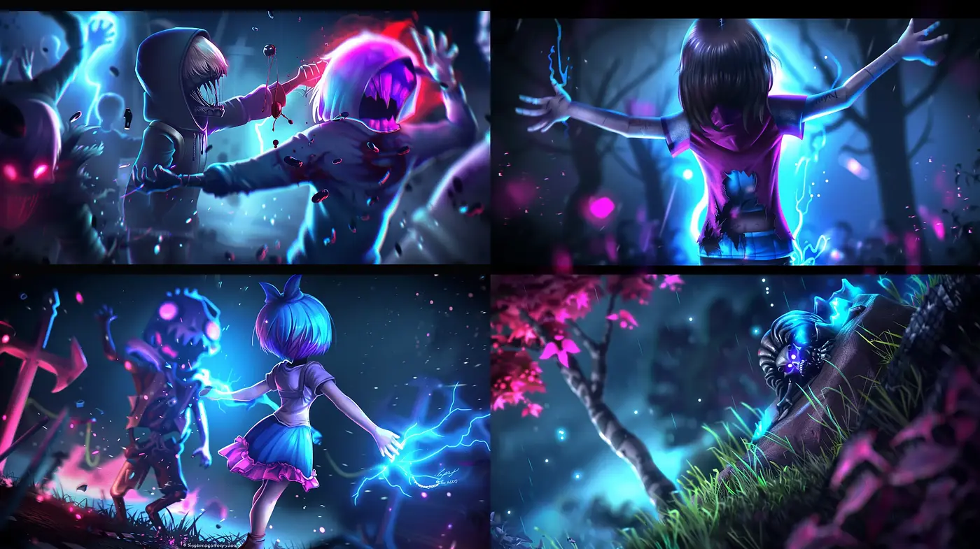 Ethereal Neon Dreamscape: A Modern Digital Fantasia of Luminous Hues and Surreal Figures - Midjourney sref style