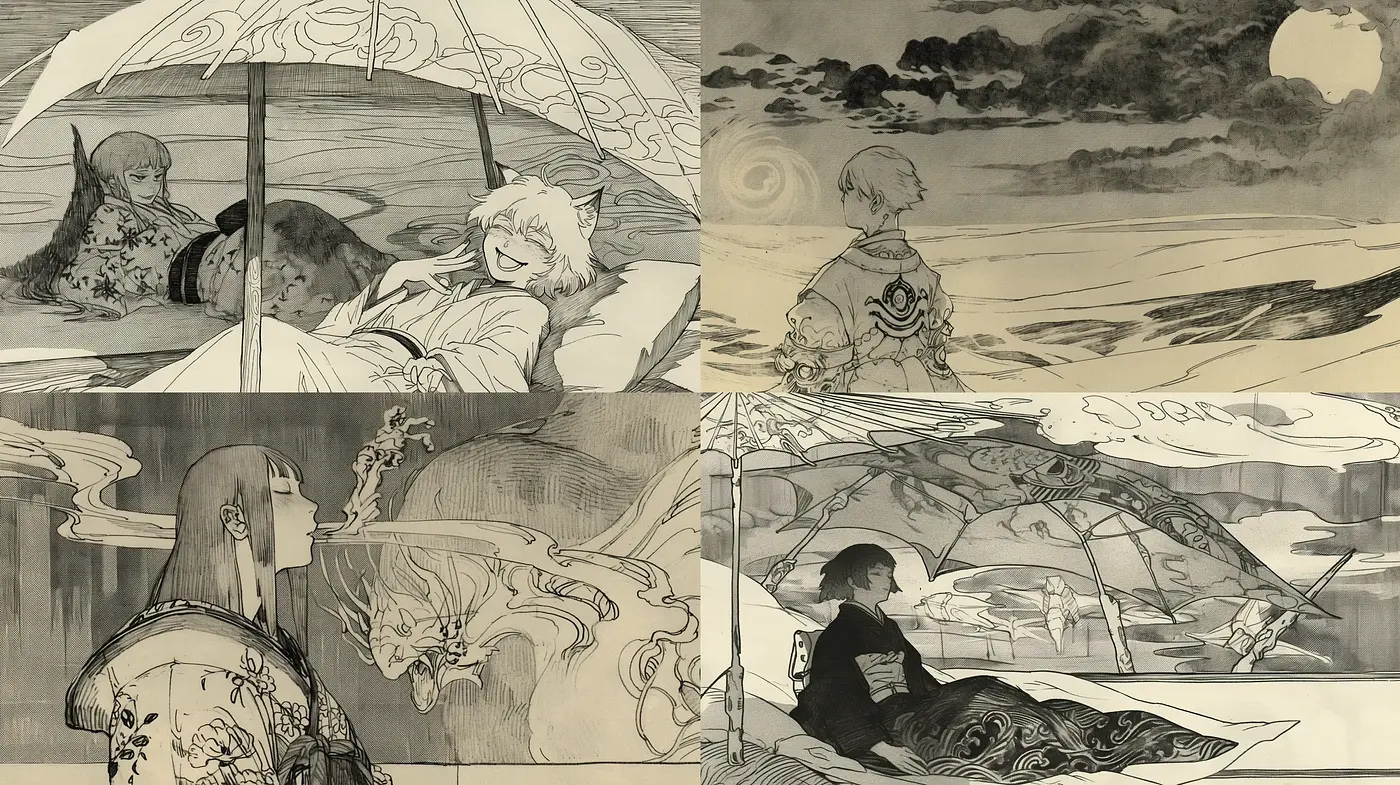 Monochromatic Elegance: A Homage to Traditional Japanese Ukiyo-e with a Contemporary Twist - Midjourney sref style