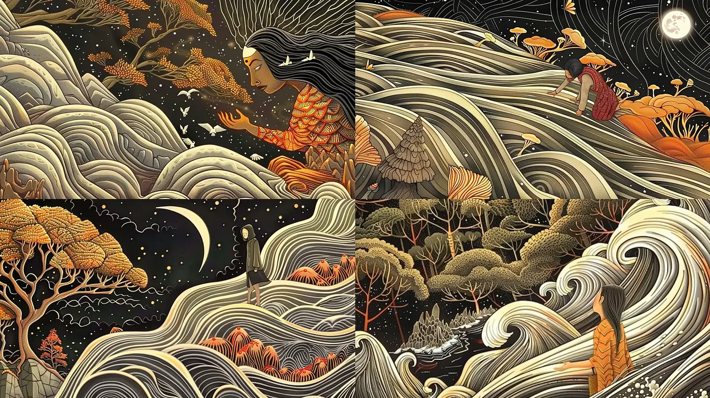 Ethereal Dreamscape in Stylized Waves and Golden Flourishes - Midjourney sref style