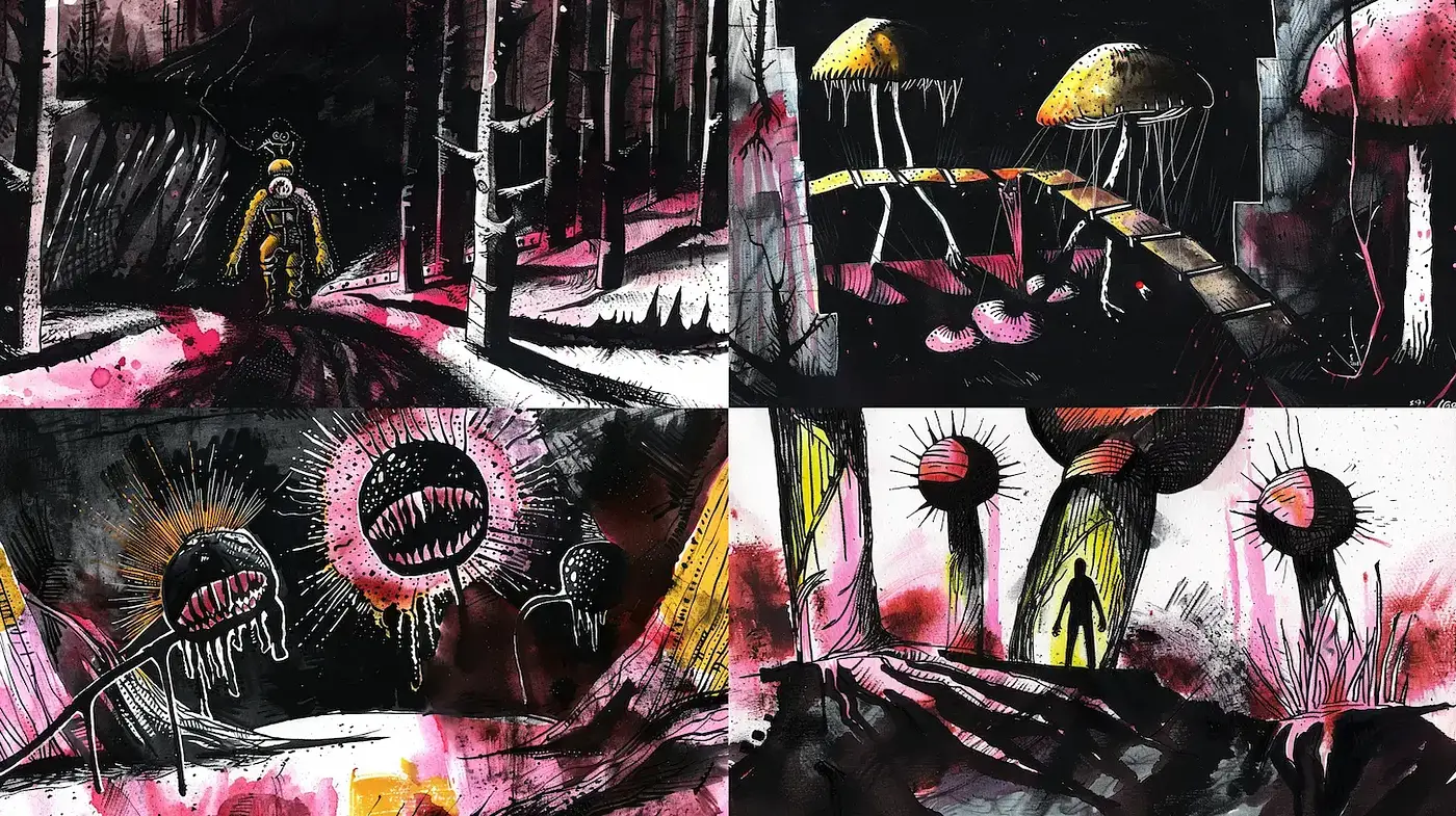Dark and Surreal Illustrative Style with a Touch of Nature's Mystery - Midjourney sref style