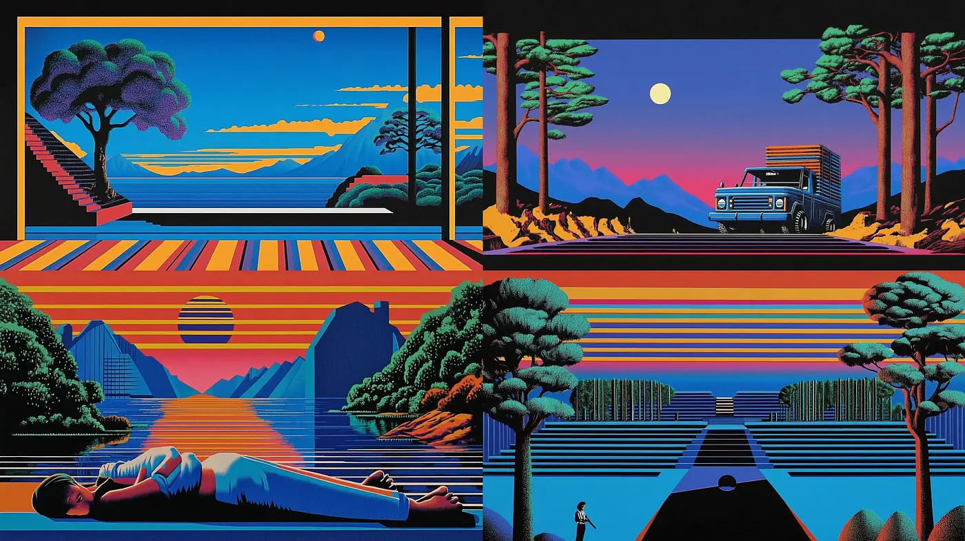 Synthwave Serenity: A Retro Futuristic Voyage Across Stylized Landscapes - Midjourney sref style