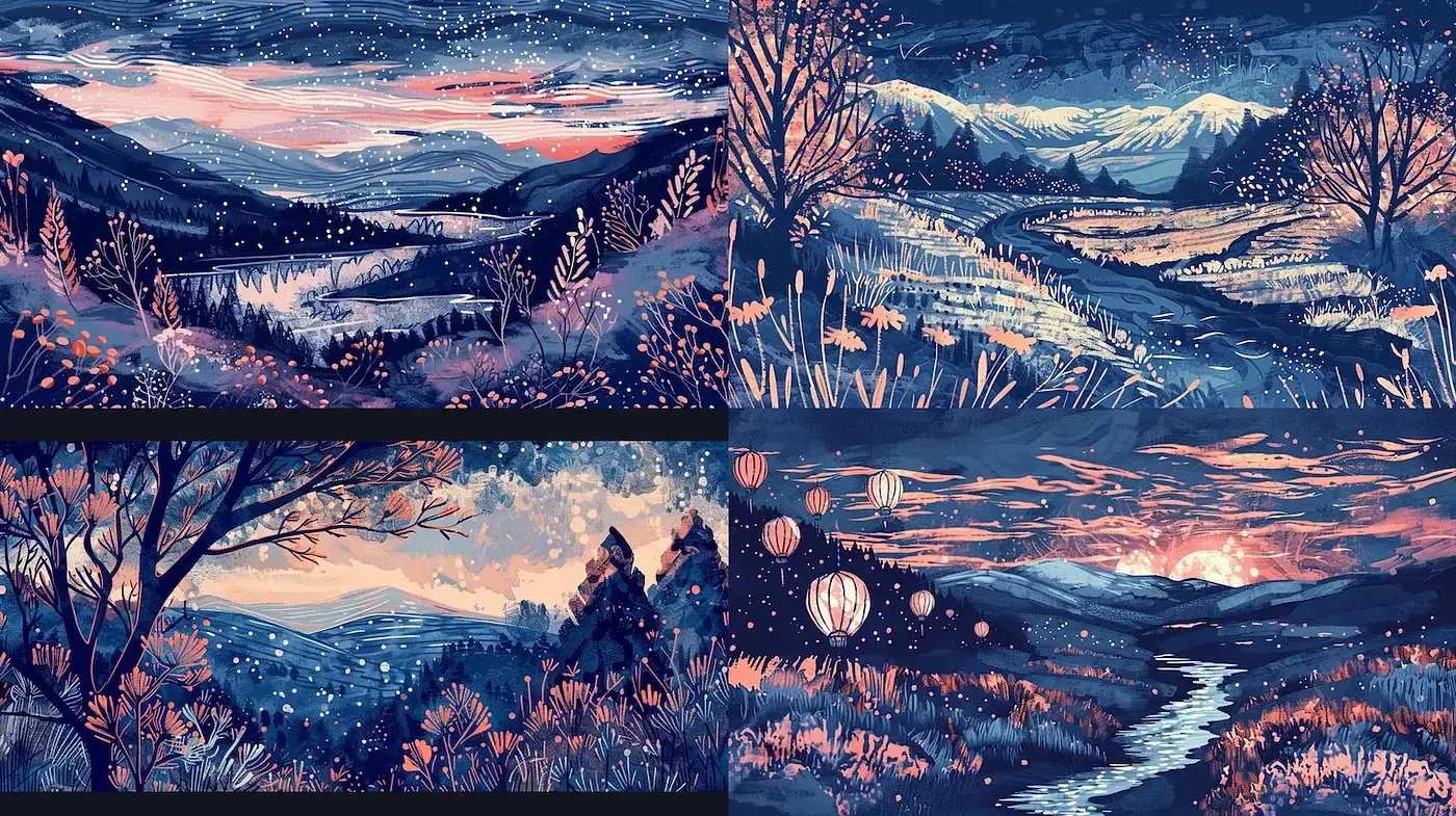 Twilight Hues and Textured Landscapes: A Caress of Brushed Serenity - Midjourney sref style