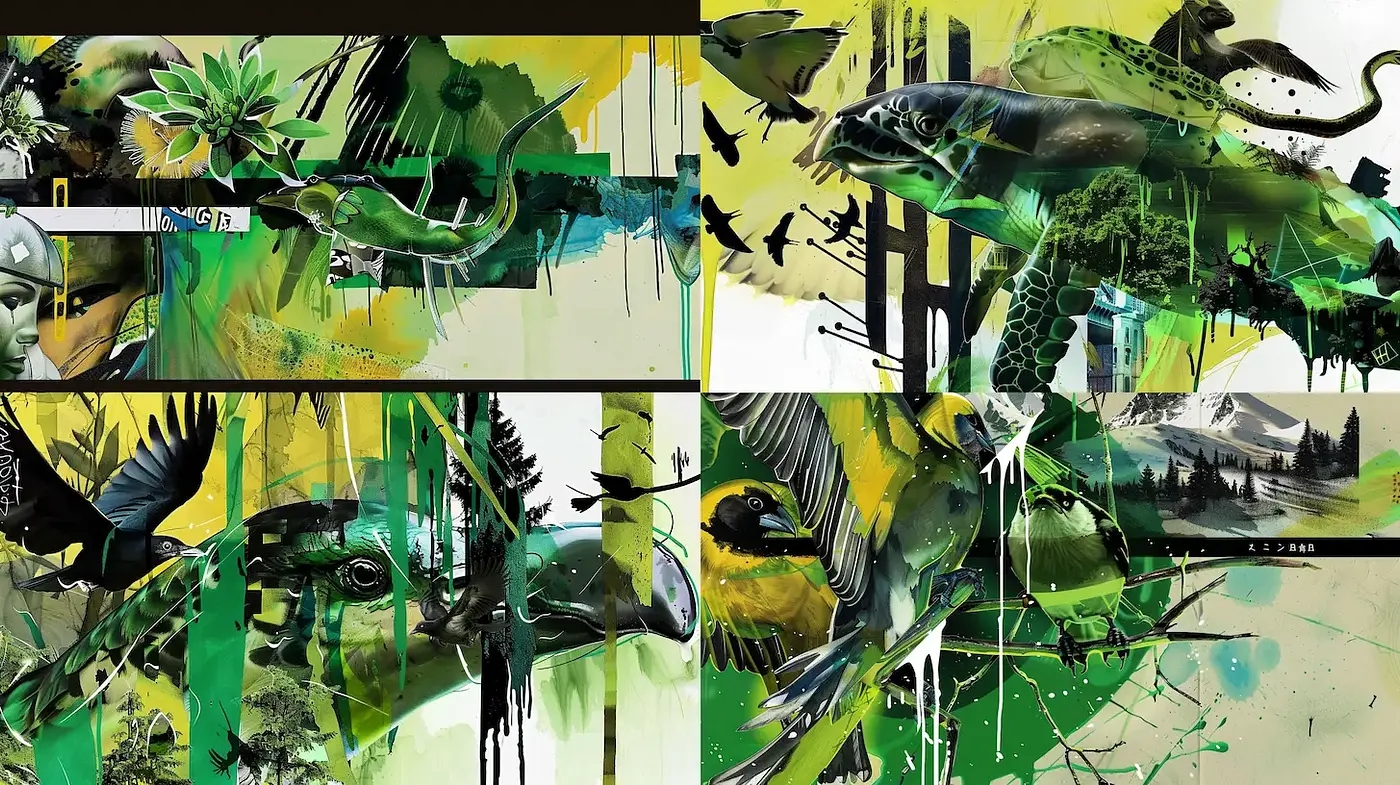 Dynamic and Lush Nature-Inspired Composition with Abstract Elements - Midjourney sref style