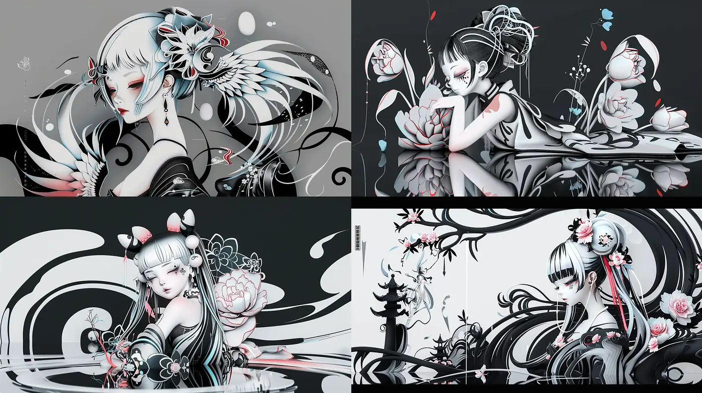 Monochromatic Elegance with Floral Anime Fusion - Midjourney sref style