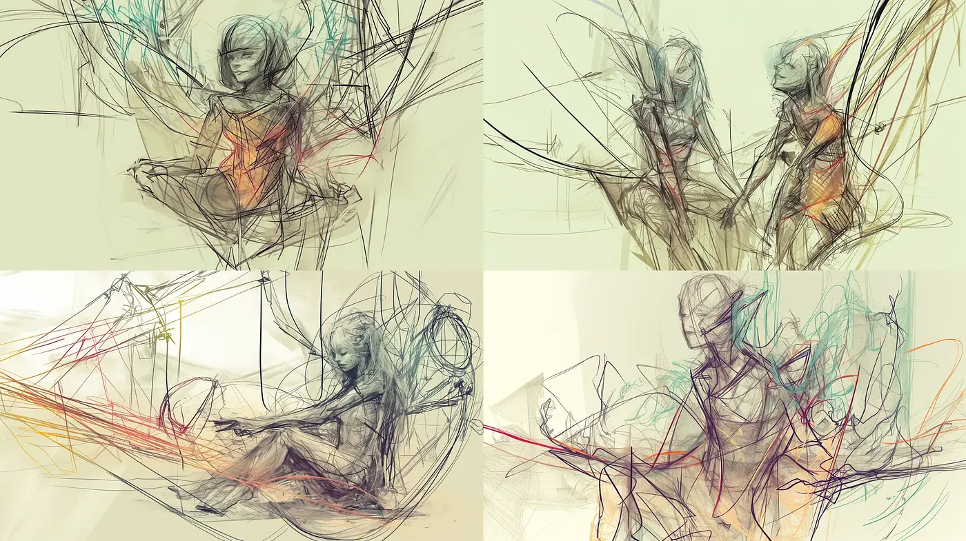 Abstract Sketch Fusion with Ethereal Lines and Hues - Midjourney sref style