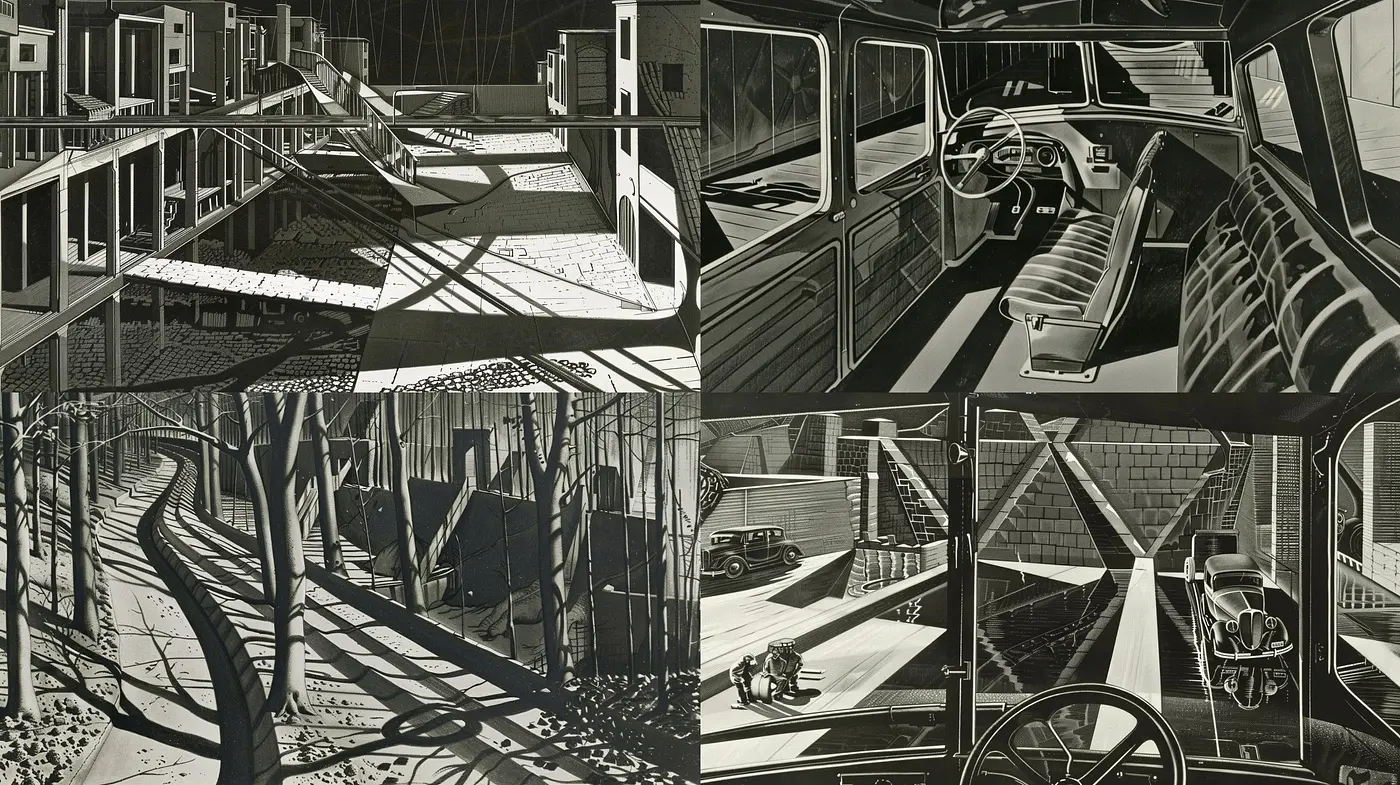 Stark Contrasts and Geometric Intricacies of a Monochromatic World - Midjourney sref style