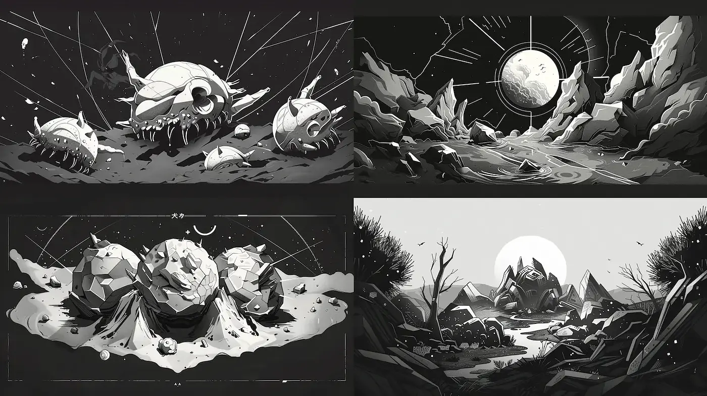 Futuristic Monochrome Landscapes with Geometric Elements - Midjourney sref style