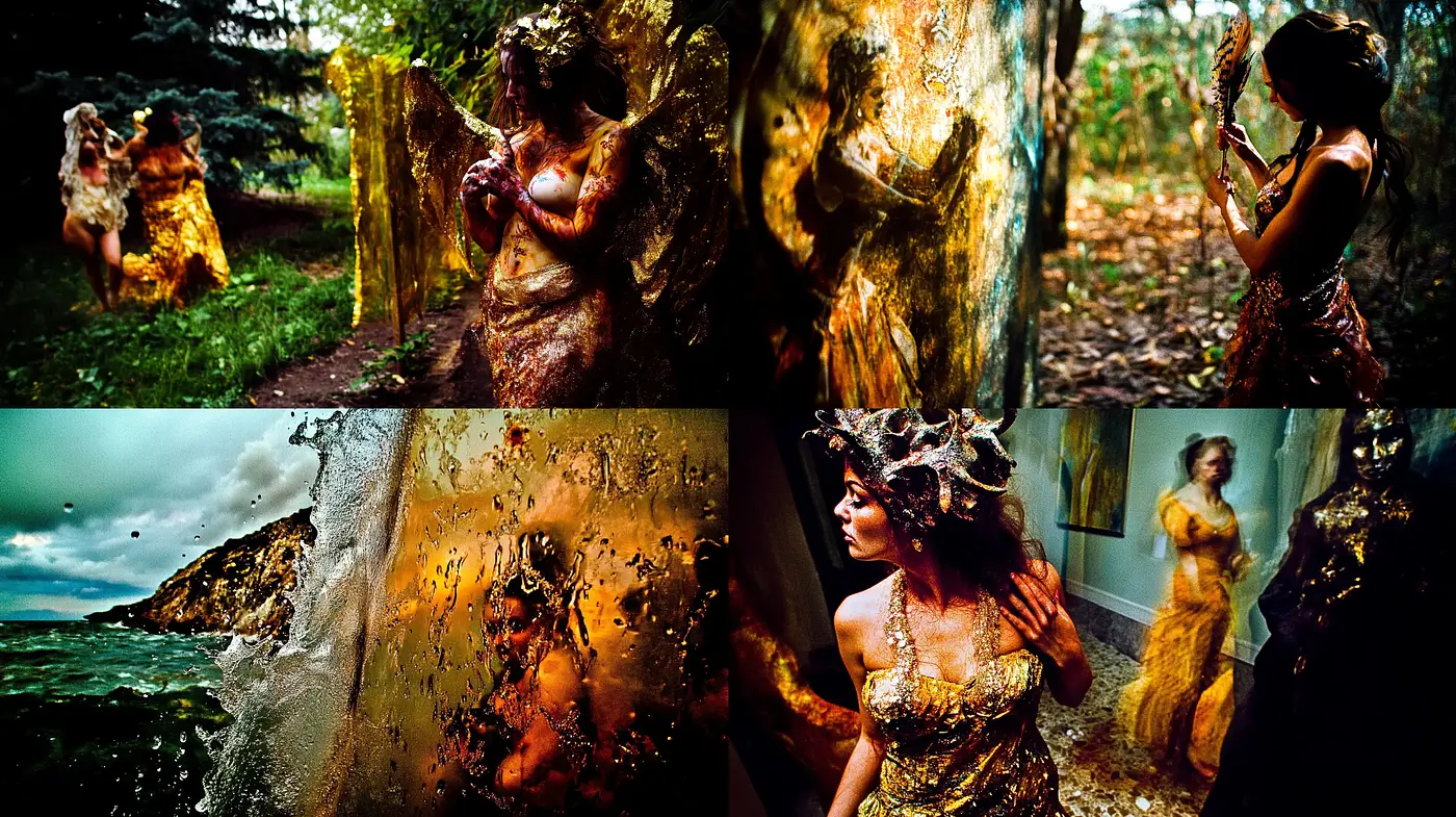 Enigmatic Nature's Embrace – A Fusion of Organic Forms and Golden Hues - Midjourney sref style