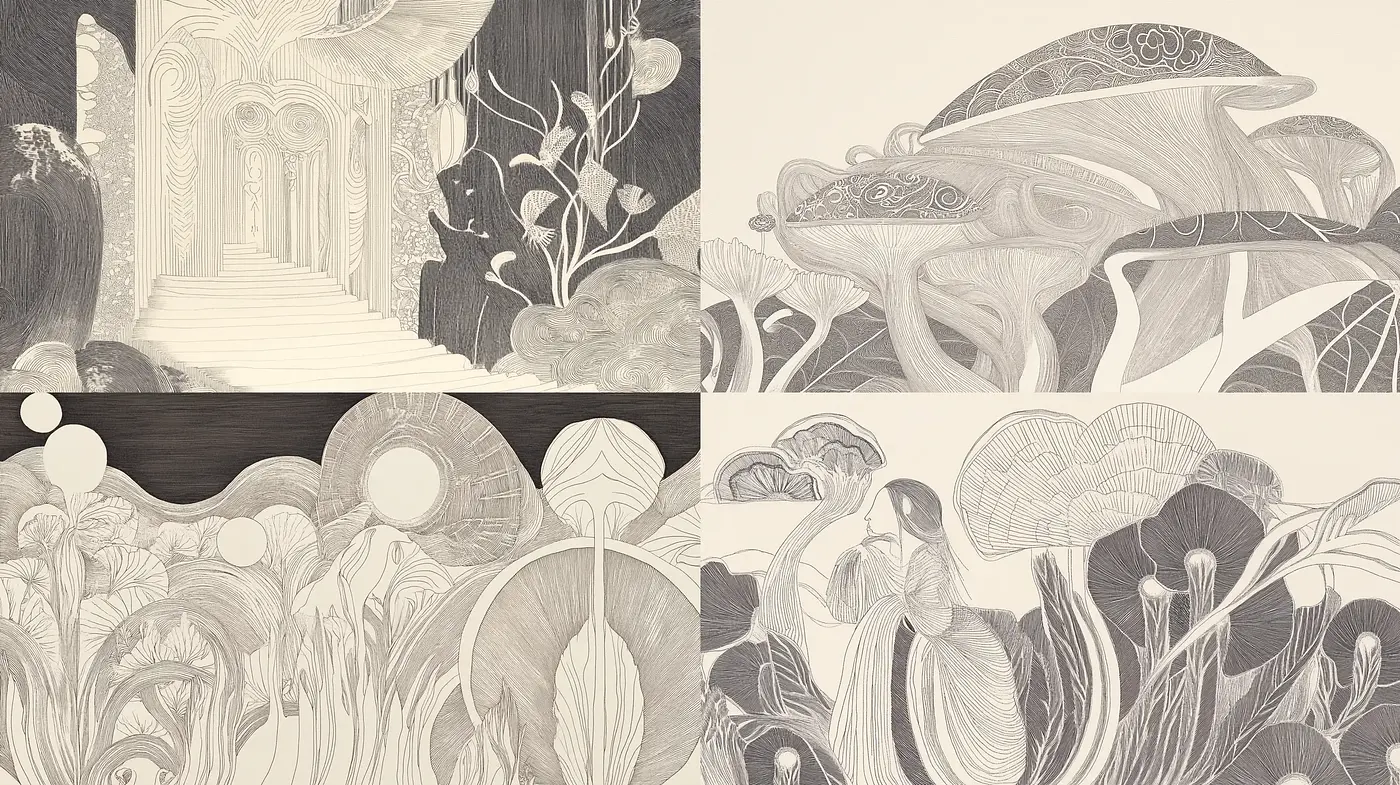 Monochromatic Organic Dreamscapes in Detailed Line Art - Midjourney sref style