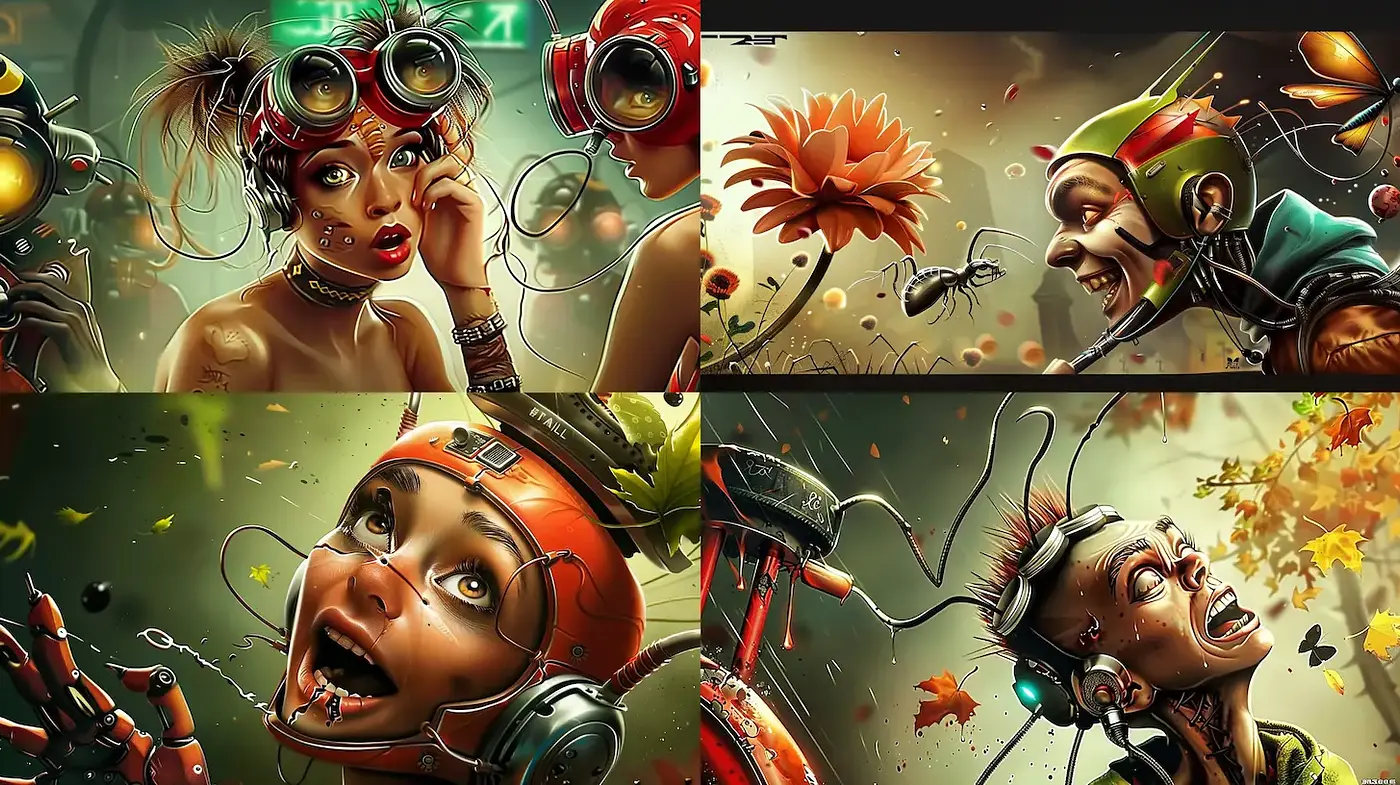 Vibrant, whimsical exploration of nature and technology in a futuristic setting - Midjourney sref style