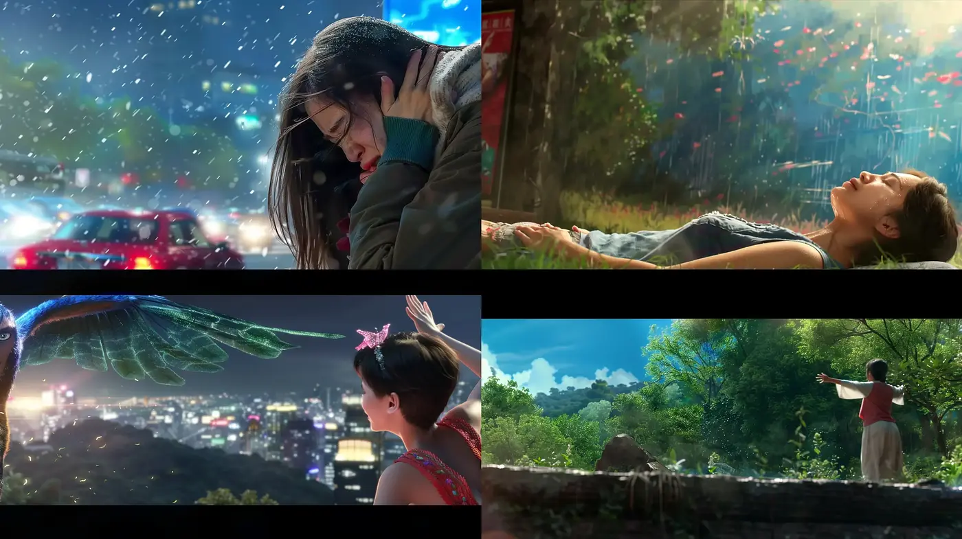 Cinematic Dreamscape Fusion with Vivid Hues and Ethereal Glow - Midjourney sref style