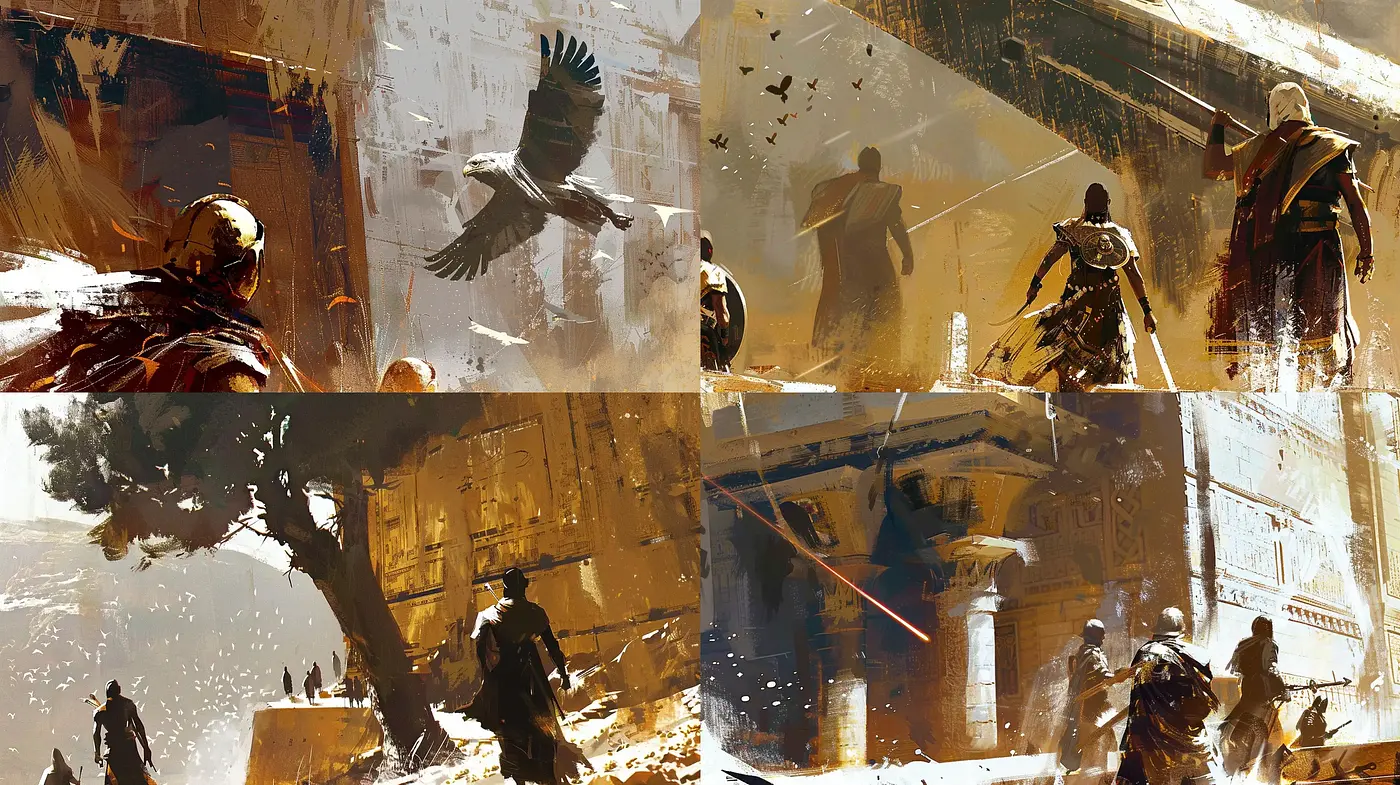 Dramatic Brushwork Imbued with Dynamic Movements and Golden Light - Midjourney sref style