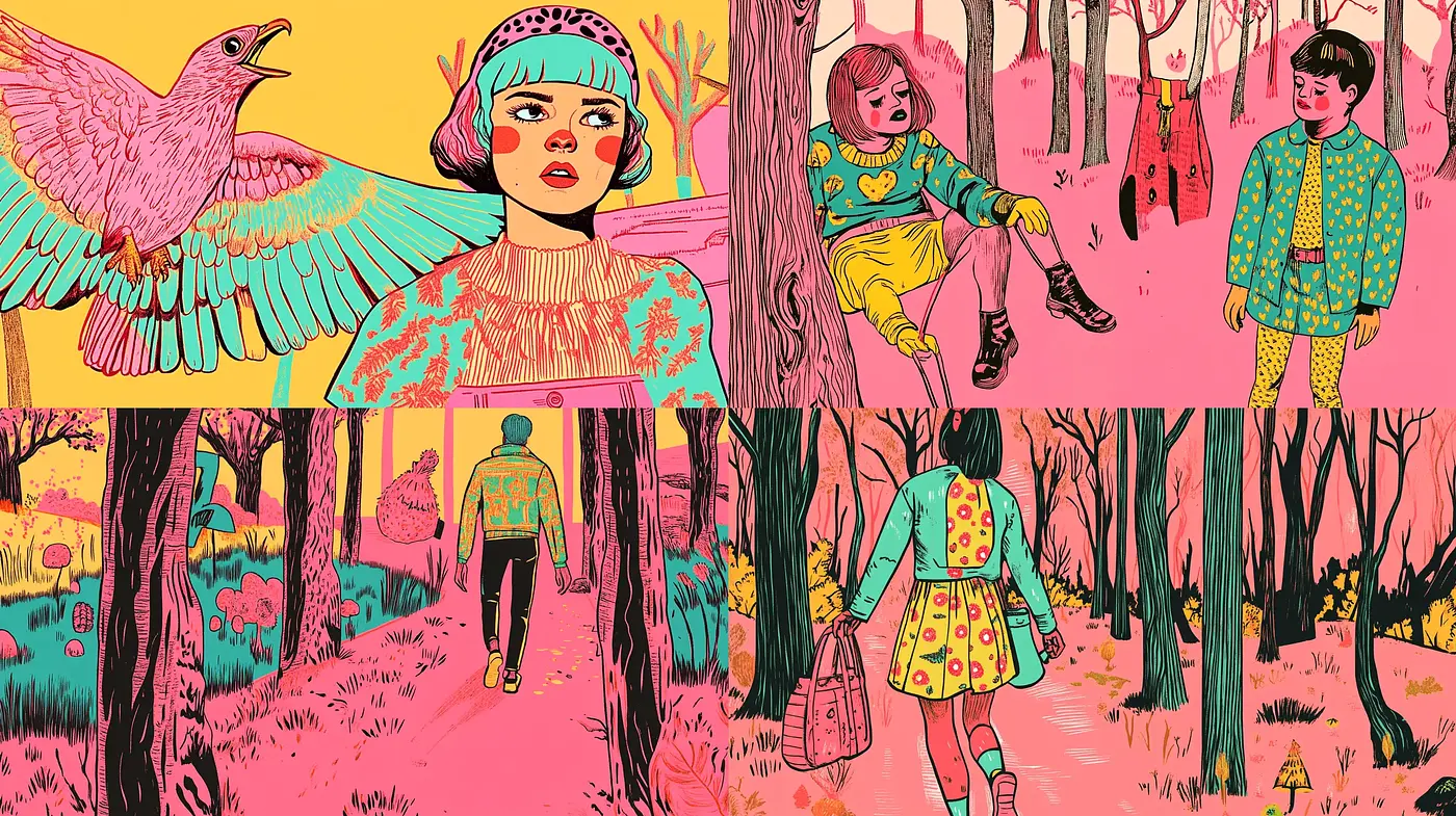 Enigmatic Pink Forest Renderings: An Homage to Retro Illustrations and Pop Art Blends - Midjourney sref style