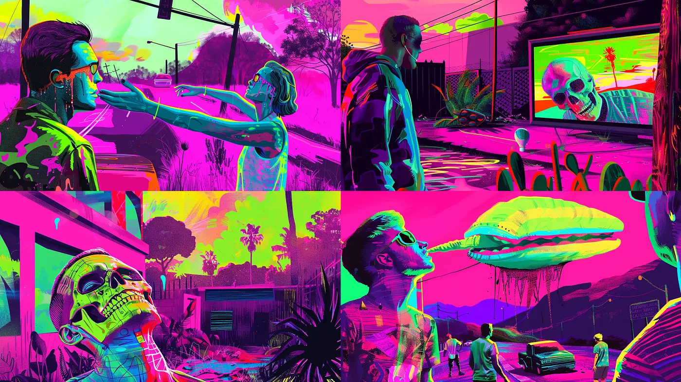 Cyberpunk Dreamscape: Vivid Nostalgia Meets Neon Dystopia - Midjourney sref style