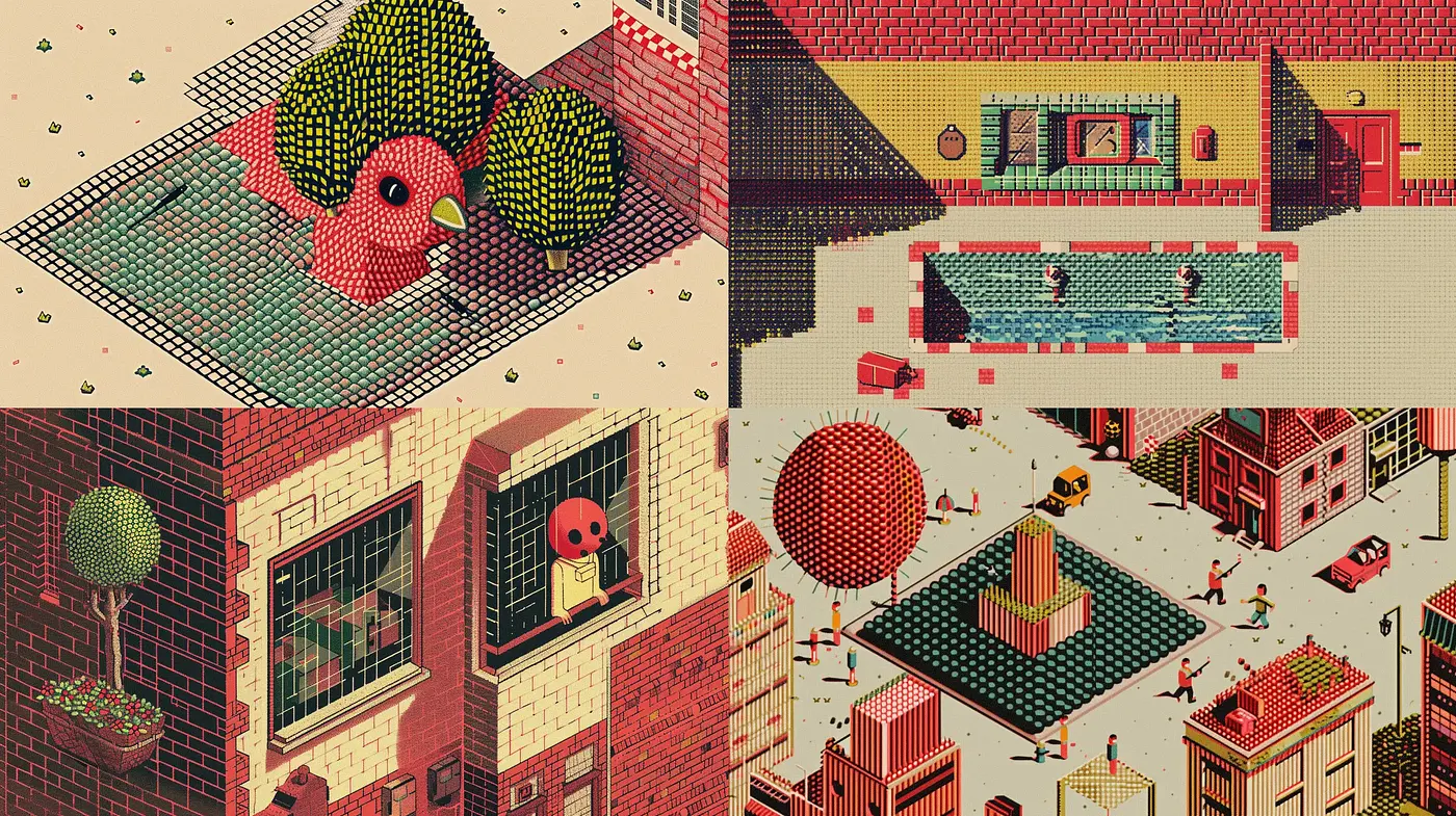 Isometrically Envisioned Nostalgic Cityscapes with a Playful Pixel Art Influence - Midjourney sref style