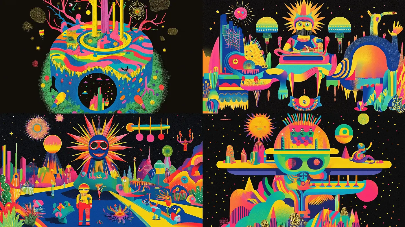 Psychedelic Dreamscape: A Vivid Synthesis of Surrealism and Modern Psychedelia - Midjourney sref style