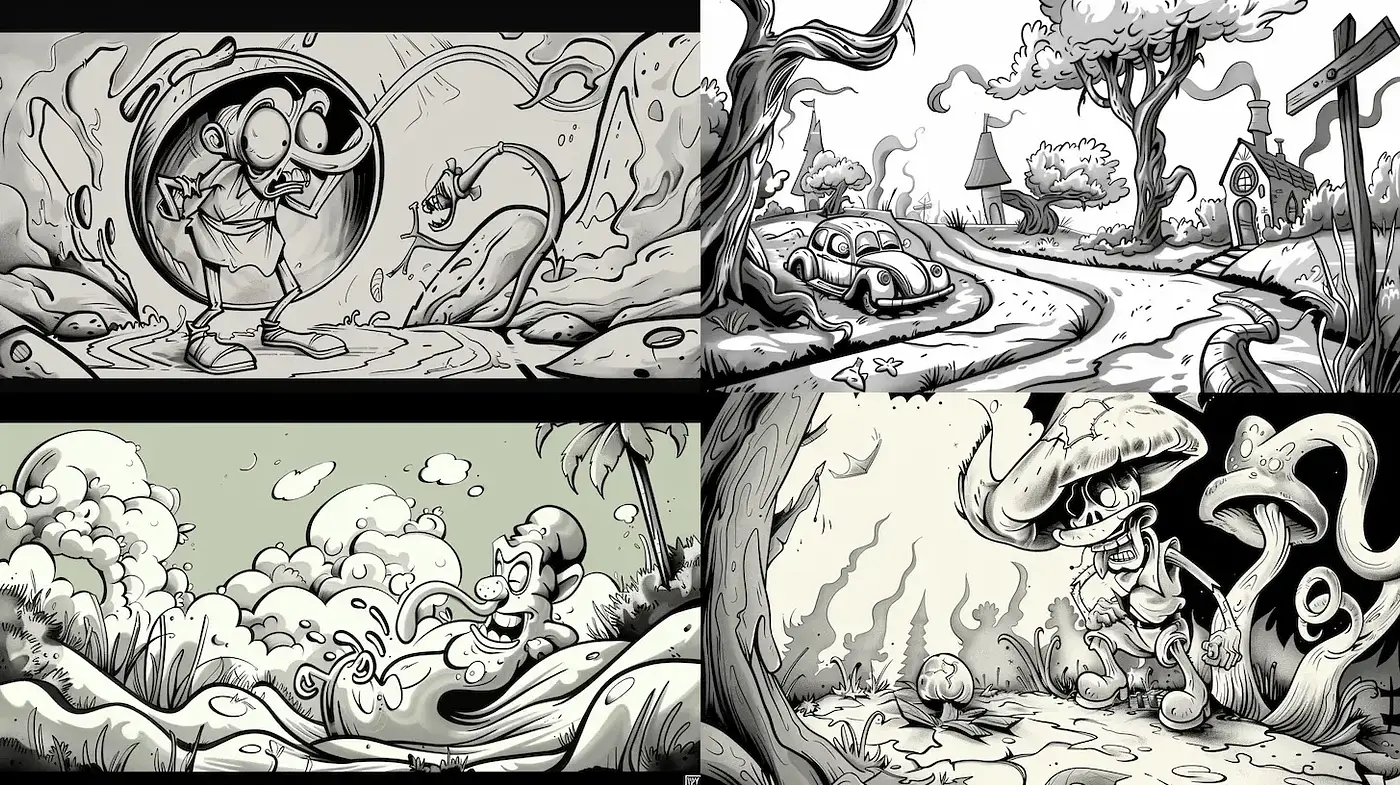 Quirky monochromatic cartoon-inspired illustrations with whimsical landscapes - Midjourney sref style