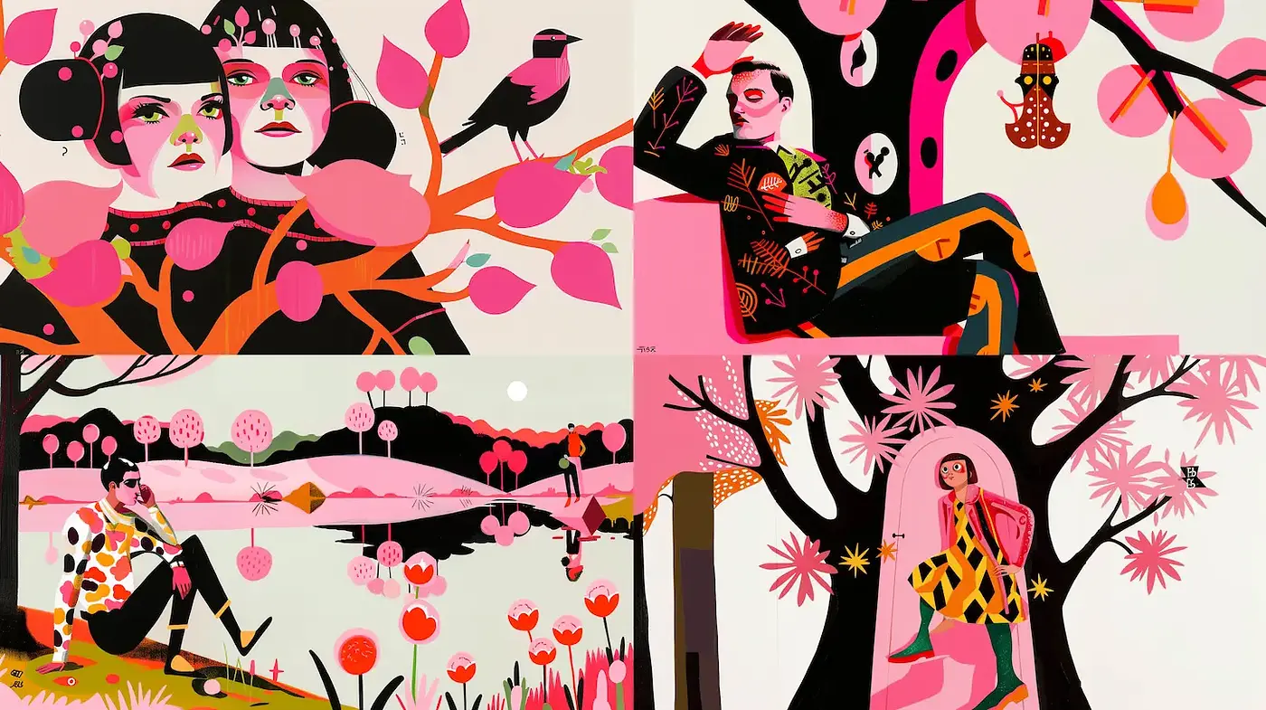 Vibrant and Playful Floral Illustrations with Influences from Modern Graphic Design - Midjourney sref style