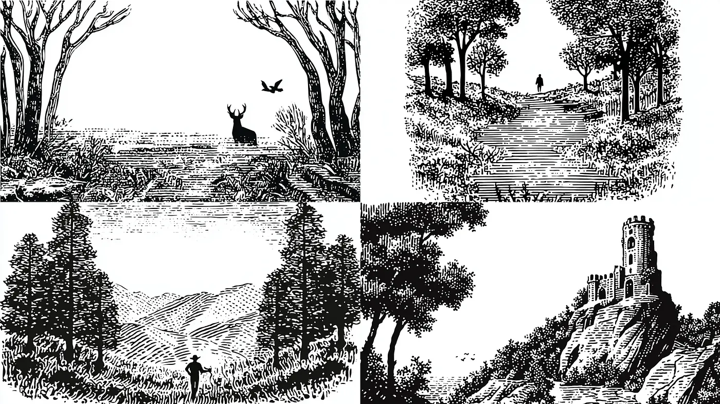 Timeless Black and White Serene Landscapes with a Vintage Essence - Midjourney sref style