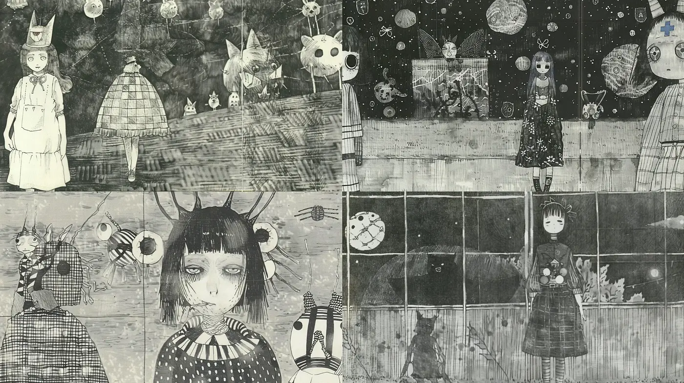 Whimsical Monochrome Storybook Illustration - Midjourney sref style