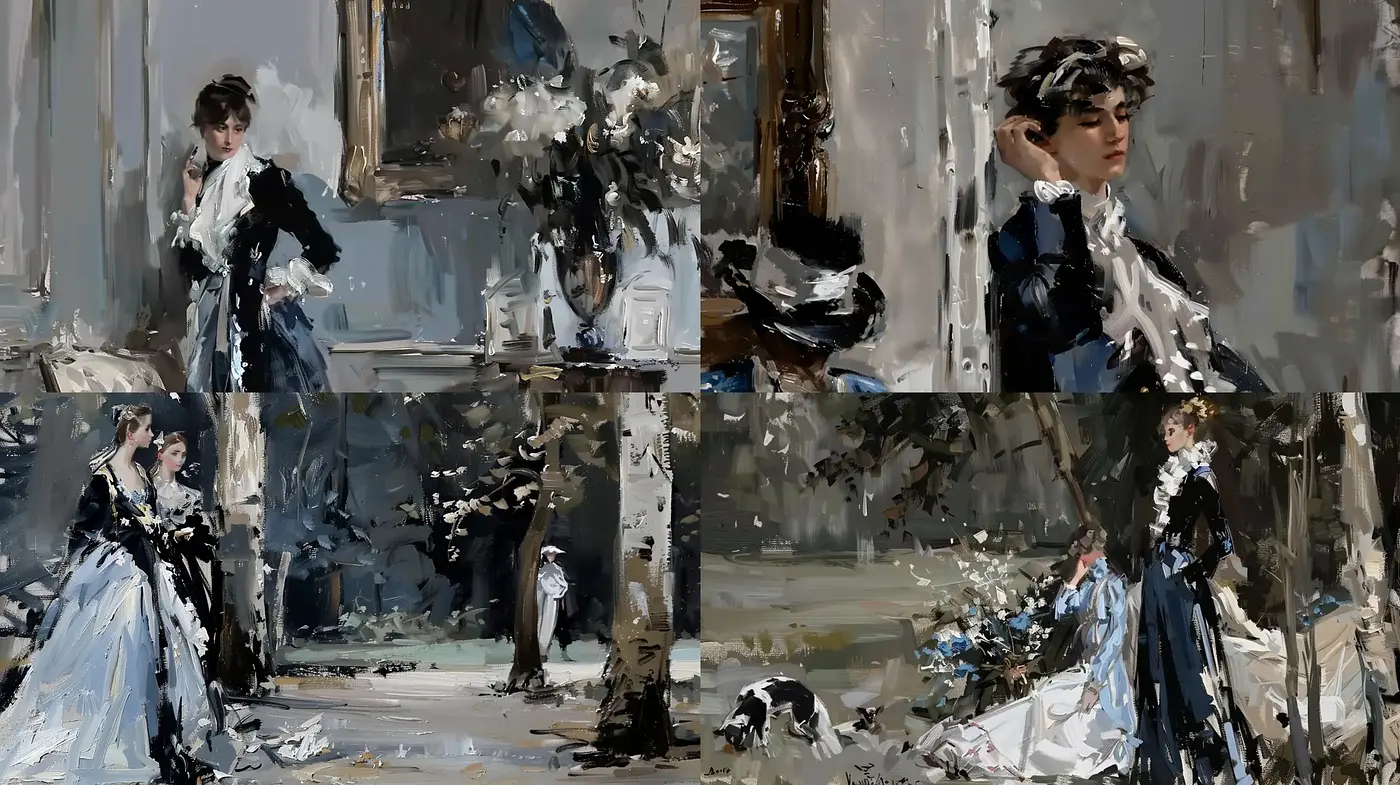 Elegant Impressionist Brushwork with Monochromatic Elegance - Midjourney sref style
