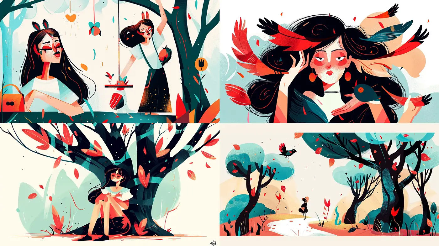 Whimsical Nature-Inspired Illustrative Art with a Modern Graphic Twist - Midjourney sref style