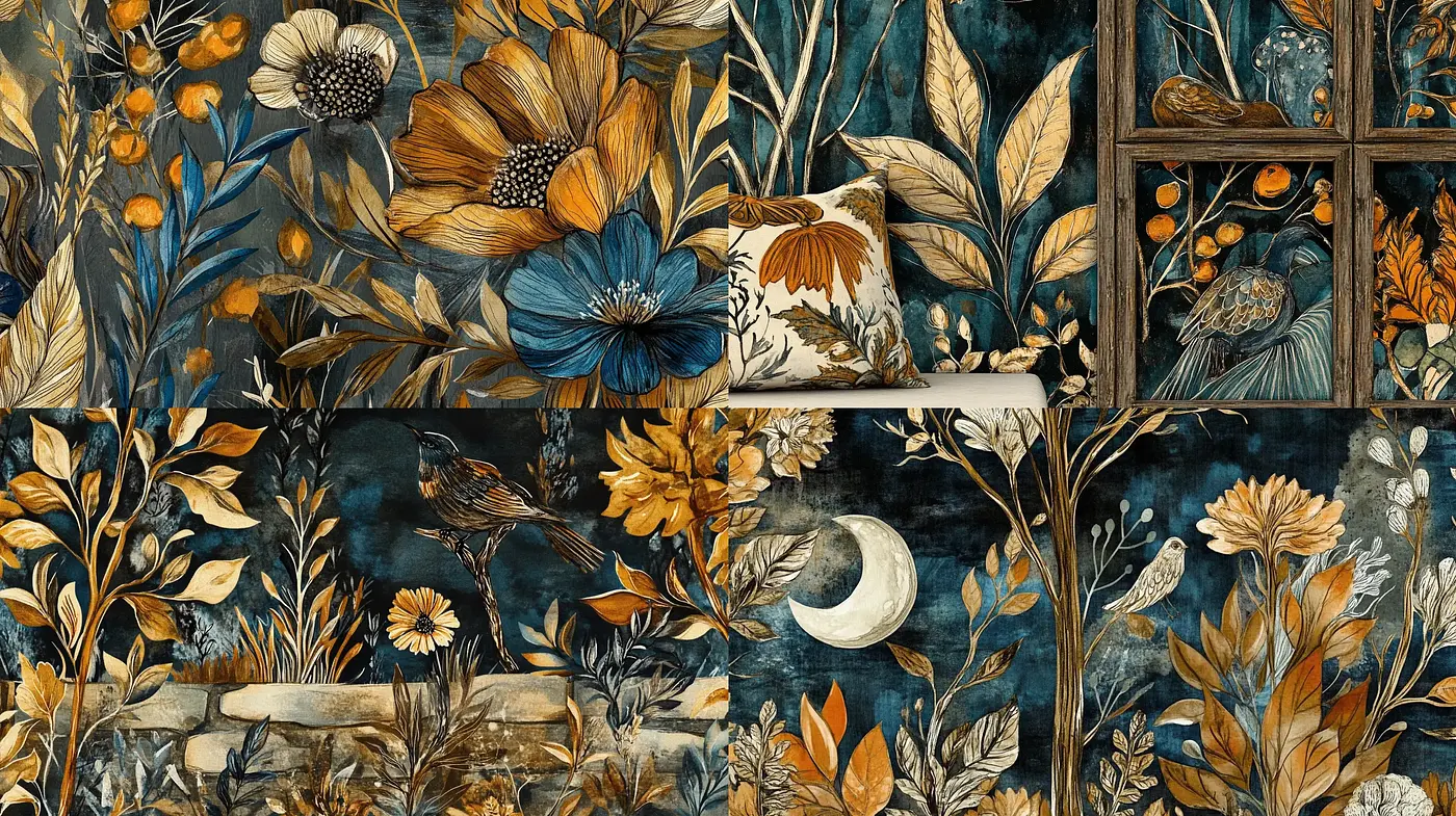 Midnight Botanical Tapestry: A Fusion of Nature and Nocturnal Serenity - Midjourney sref style