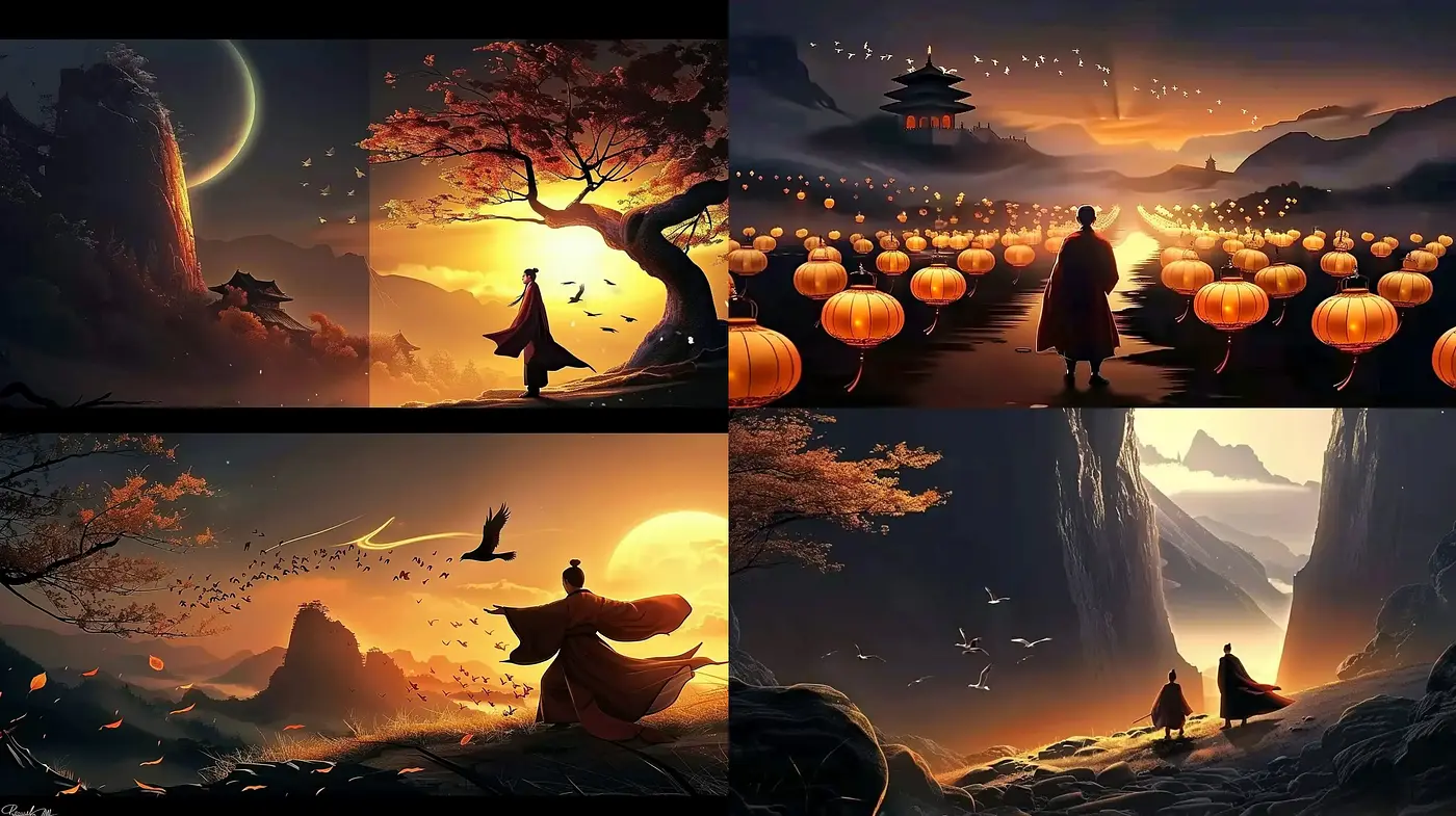 Ethereal Twilight Vistas in a Stylized Oriental Dreamscape - Midjourney sref style