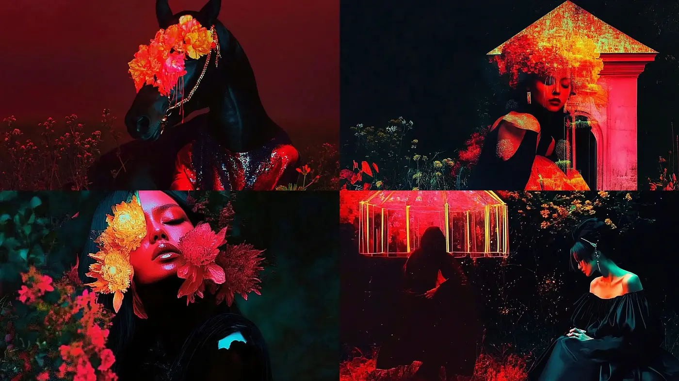Crimson Elegance with Surrealistic Overtones - Midjourney sref style