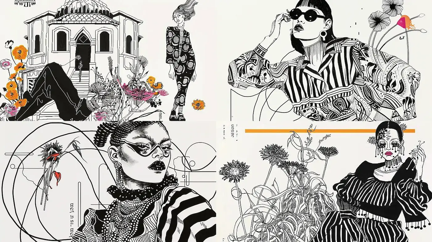 Contemporary Monochrome Illustrations with Floral Accents and Fashion Elements - Midjourney sref style