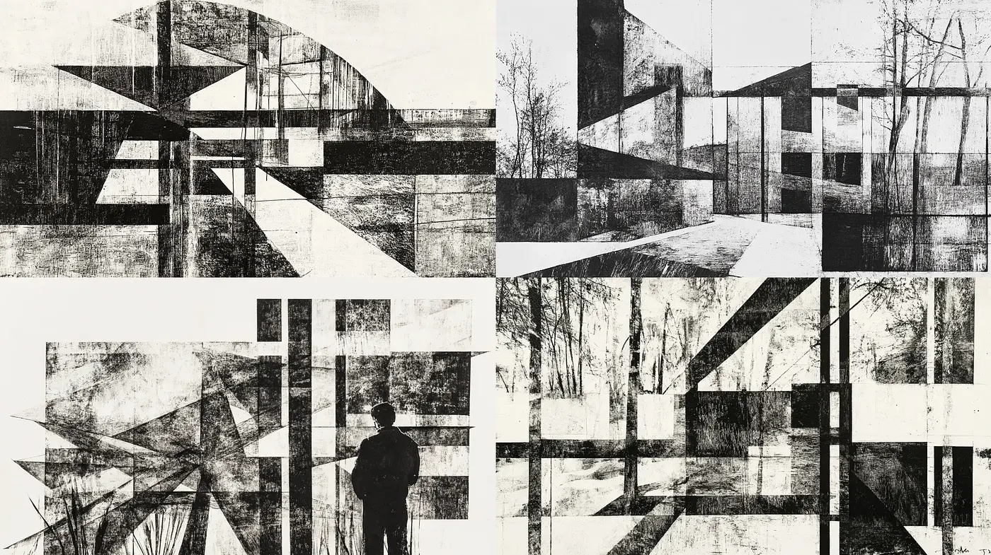 Monochromatic Fragmented Abstraction - Midjourney sref style