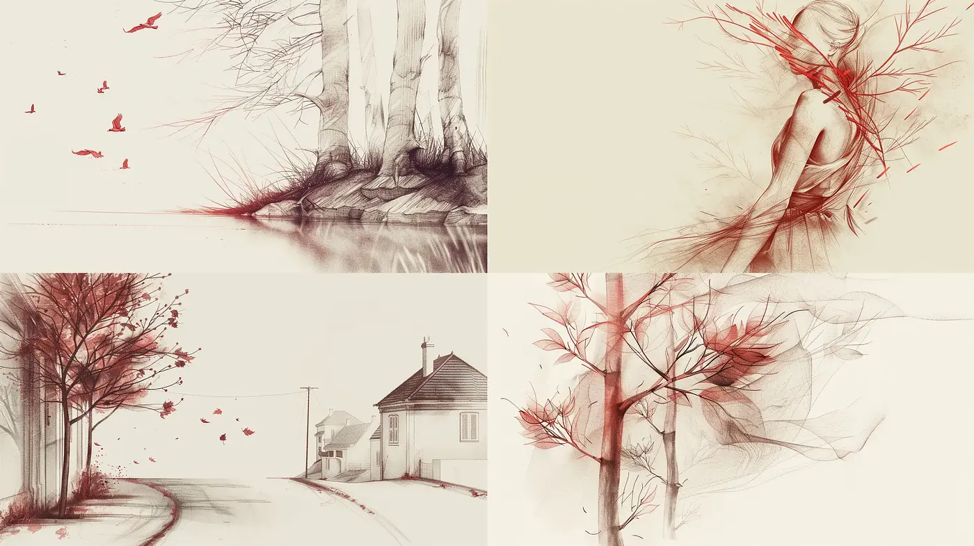 Ethereal Red Accents in Monochromatic Sketches - Midjourney sref style