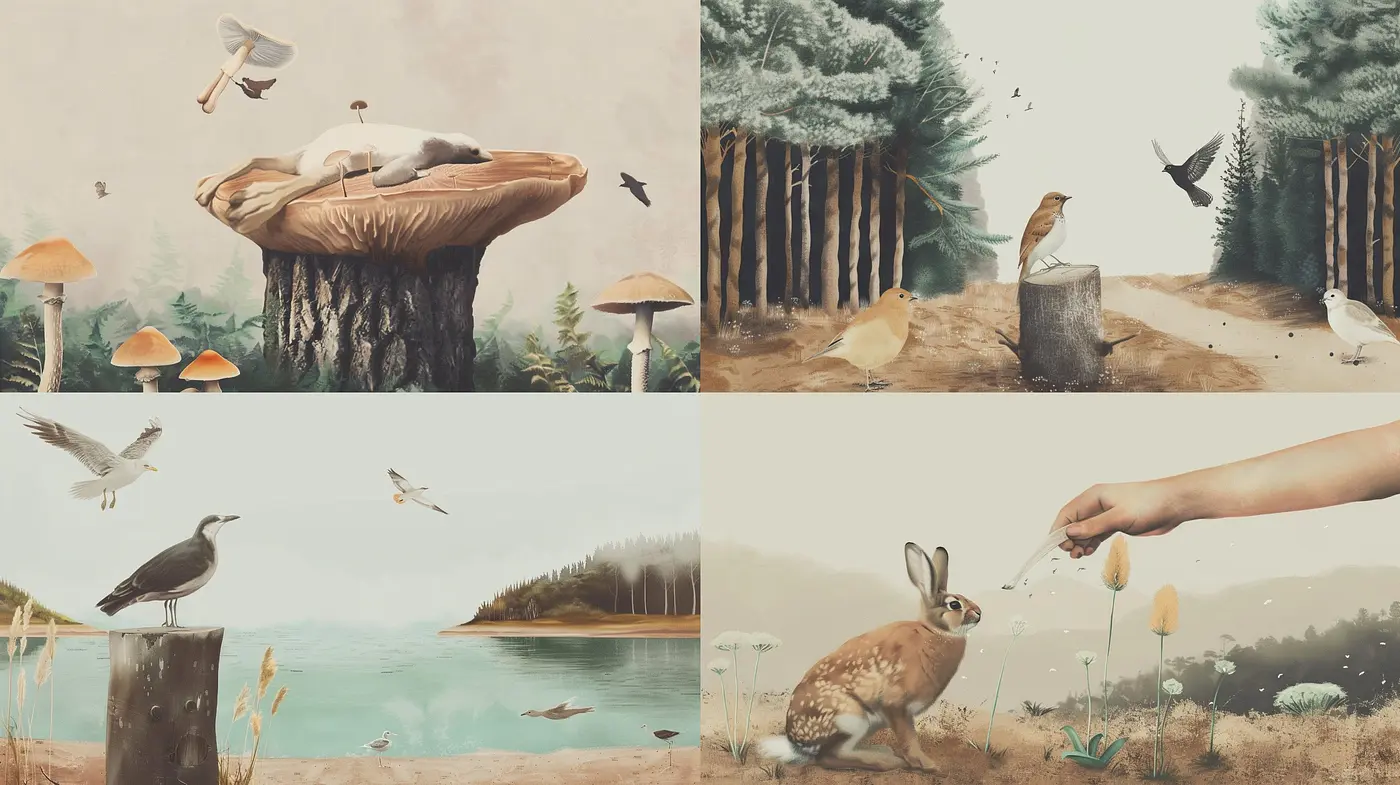 Whimsical Naturalism: A Blend of Dreamy Pastels and Earthy Textures Converging in a Vintage Wilderness - Midjourney sref style