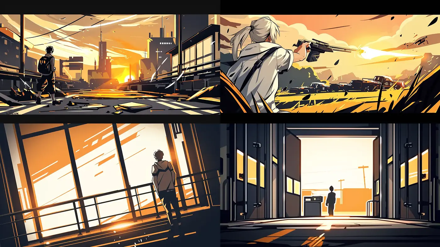 Dynamic Sunset Noir: A Fusion of Graphic Novel Aesthetics and High-Contrast Lightplay - Midjourney sref style