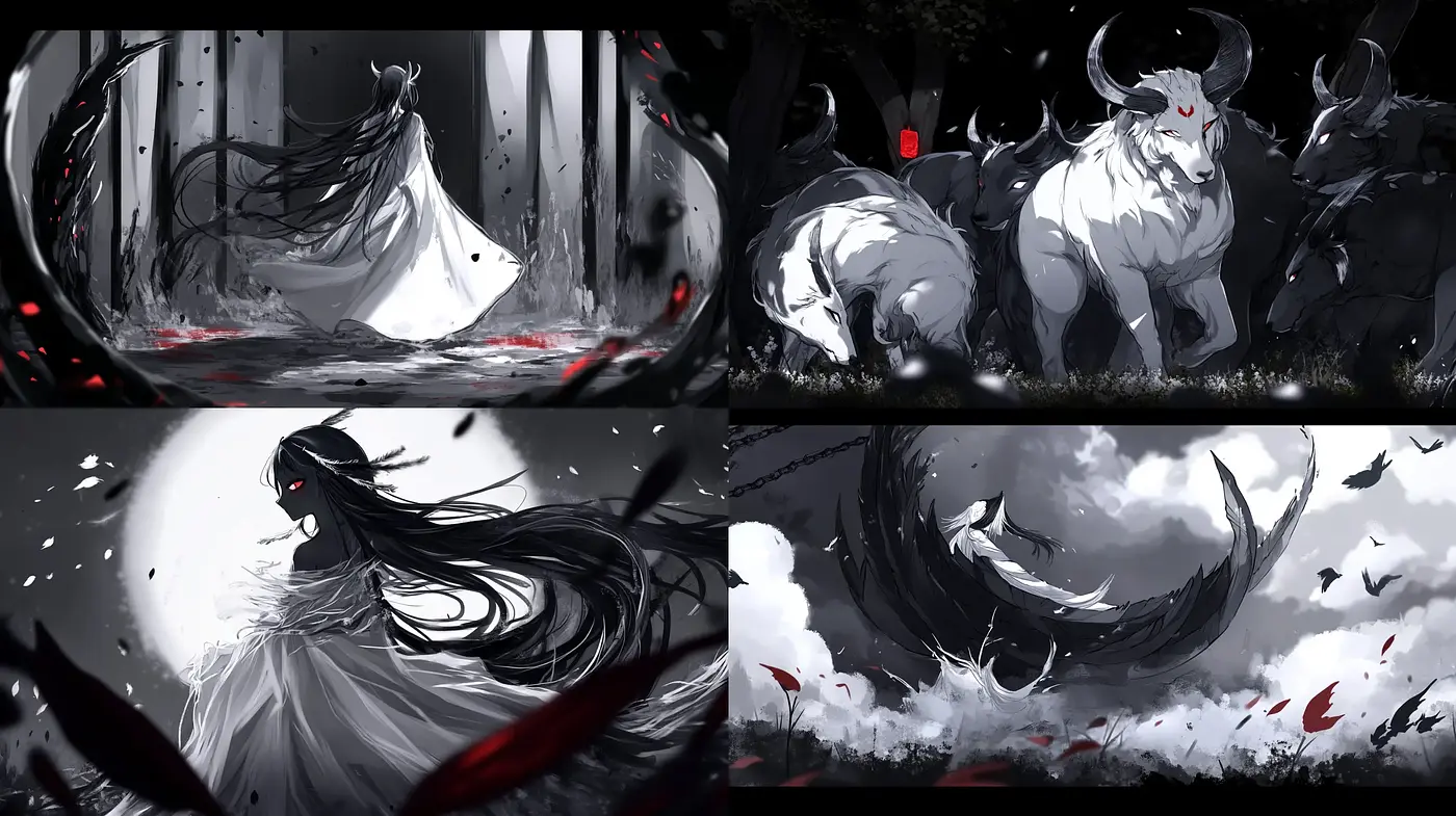Monochromatic Elegance with a Splash of Crimson Vigor - Midjourney sref style