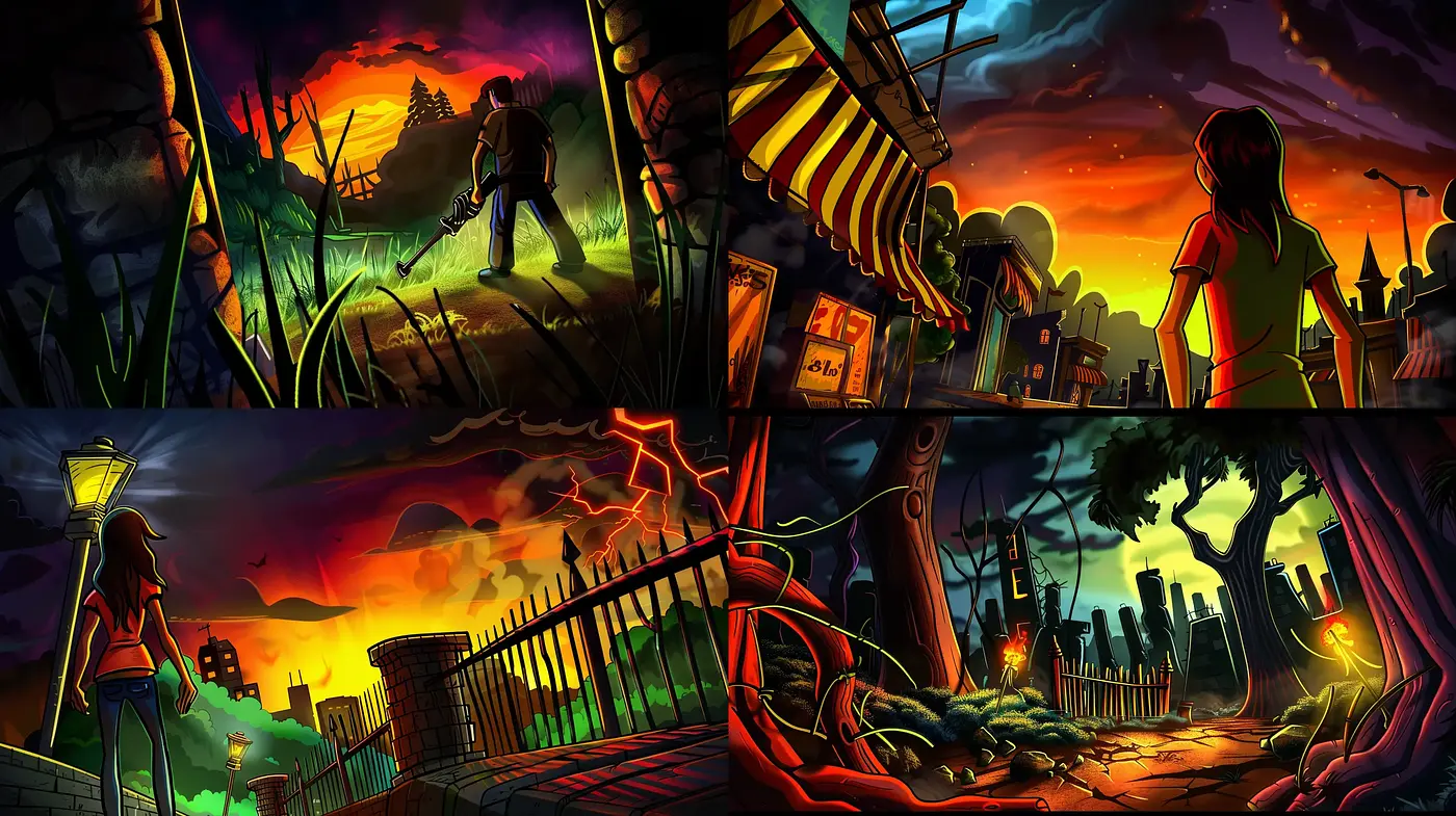 Dynamic Dusk: A Vivid and Stylized Interpretation of Sunset Narratives - Midjourney sref style