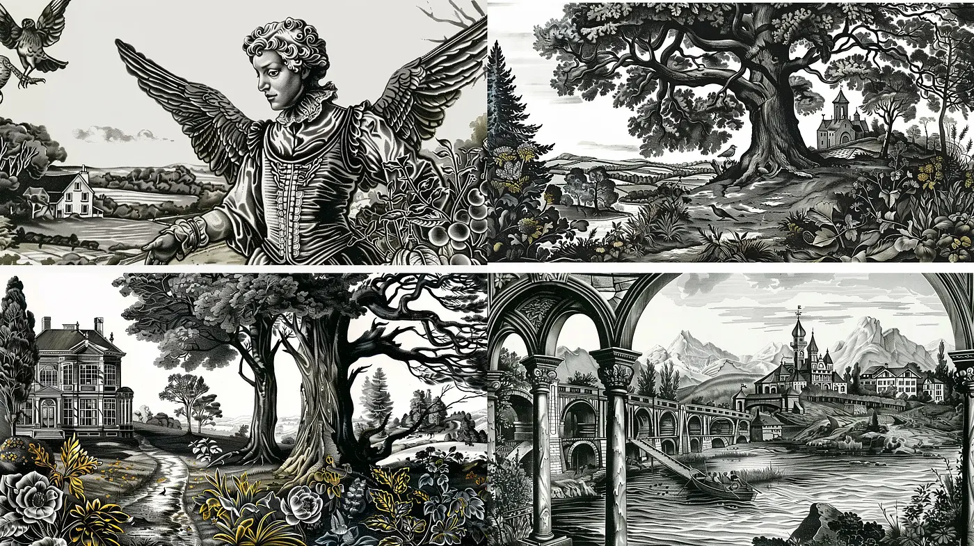 Monochromatic Engraving Elegance with Pastoral and Mythological Harmony - Midjourney sref style
