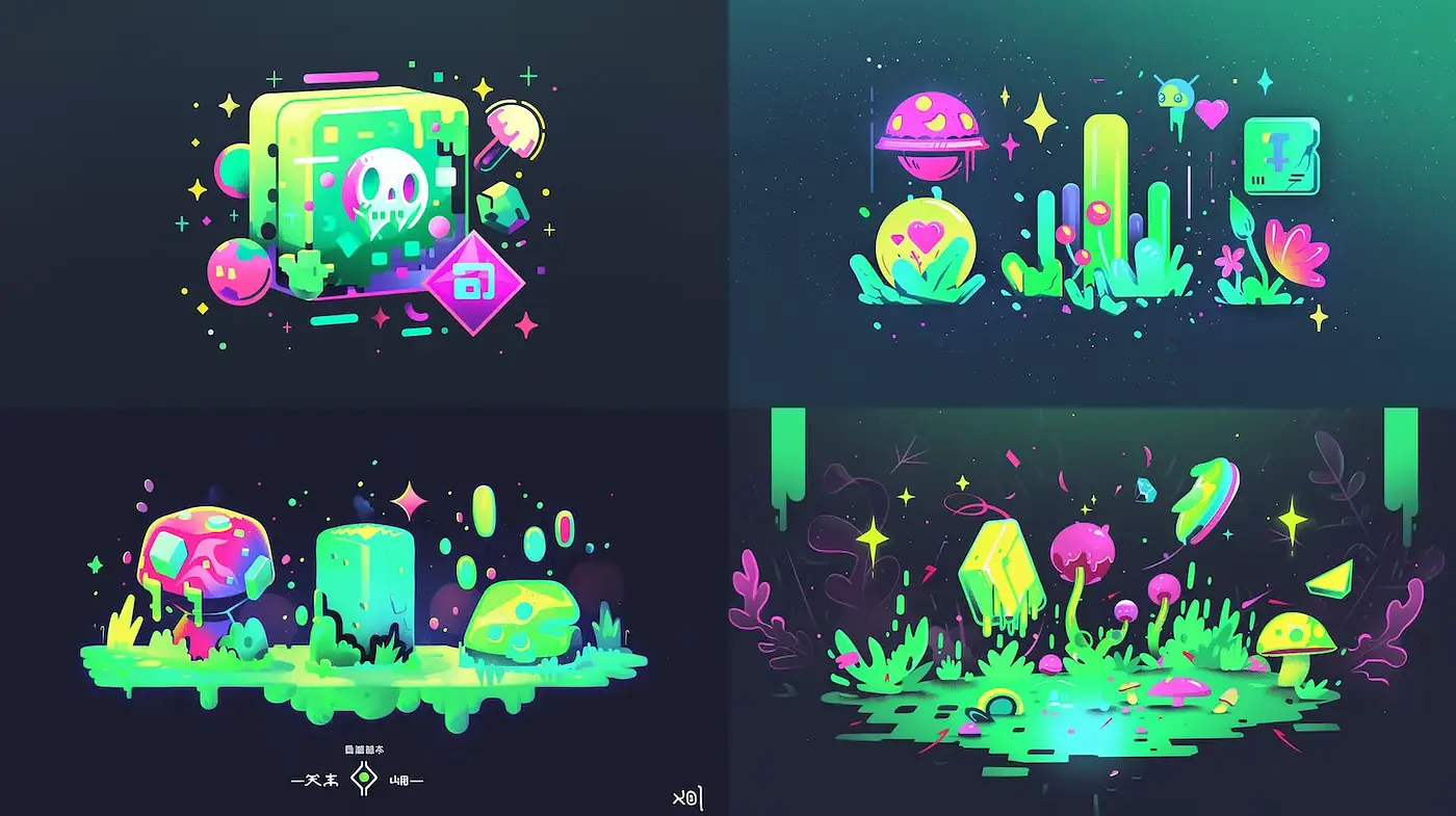 Vibrant and Playful Digital Fantasy Art Style with Neon Elements - Midjourney sref style