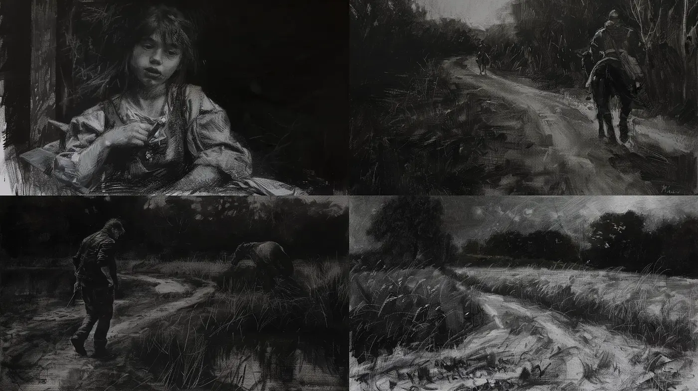 Monochrome Elegy: Textured Grayscale Homage to Classic Artistry - Midjourney sref style