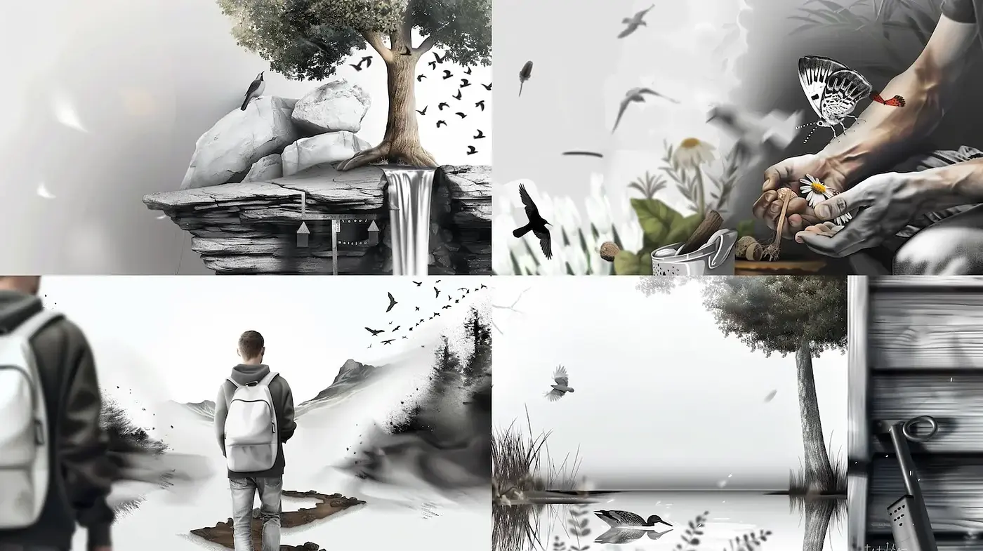 Surrealistic Exploration with Nature and Human Interaction Themes - Midjourney sref style