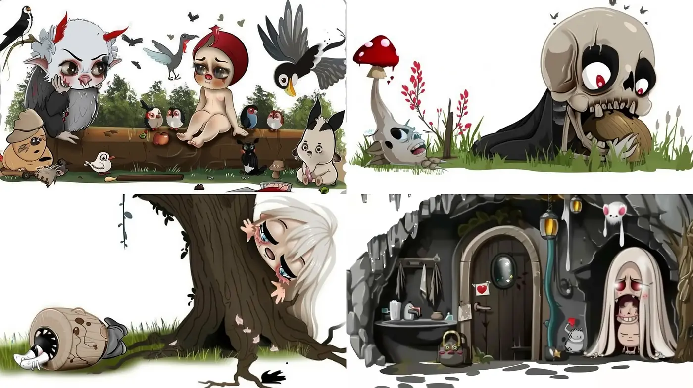 Whimsical Gothic Fantasy with Stylized Cartoonish Characters - Midjourney sref style