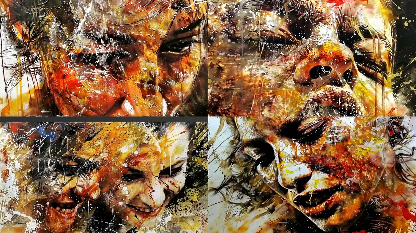 Energetic Abstract Expressionist Portraiture with Splattered Chromatic Exuberance - Midjourney sref style
