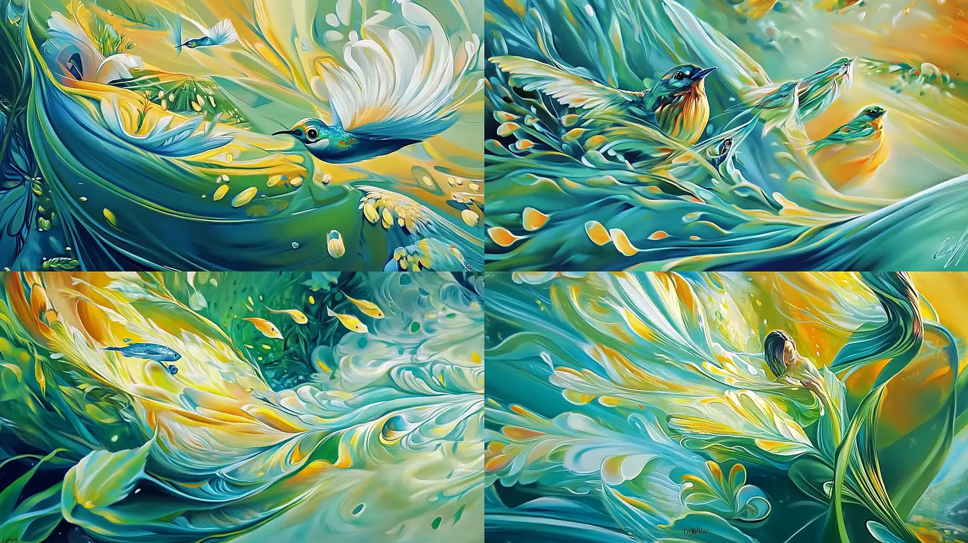Luminous Serenity: A Seamless Blend of Fluid Dynamics and Vivid Flora - Midjourney sref style